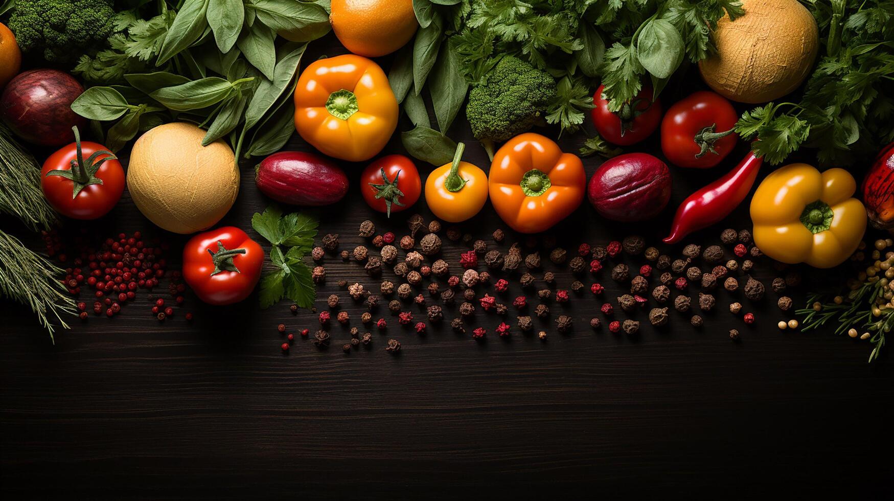 ai generado marco hecho de diferente vegetales y especias con Copiar espacio, con grande espacio para texto foto