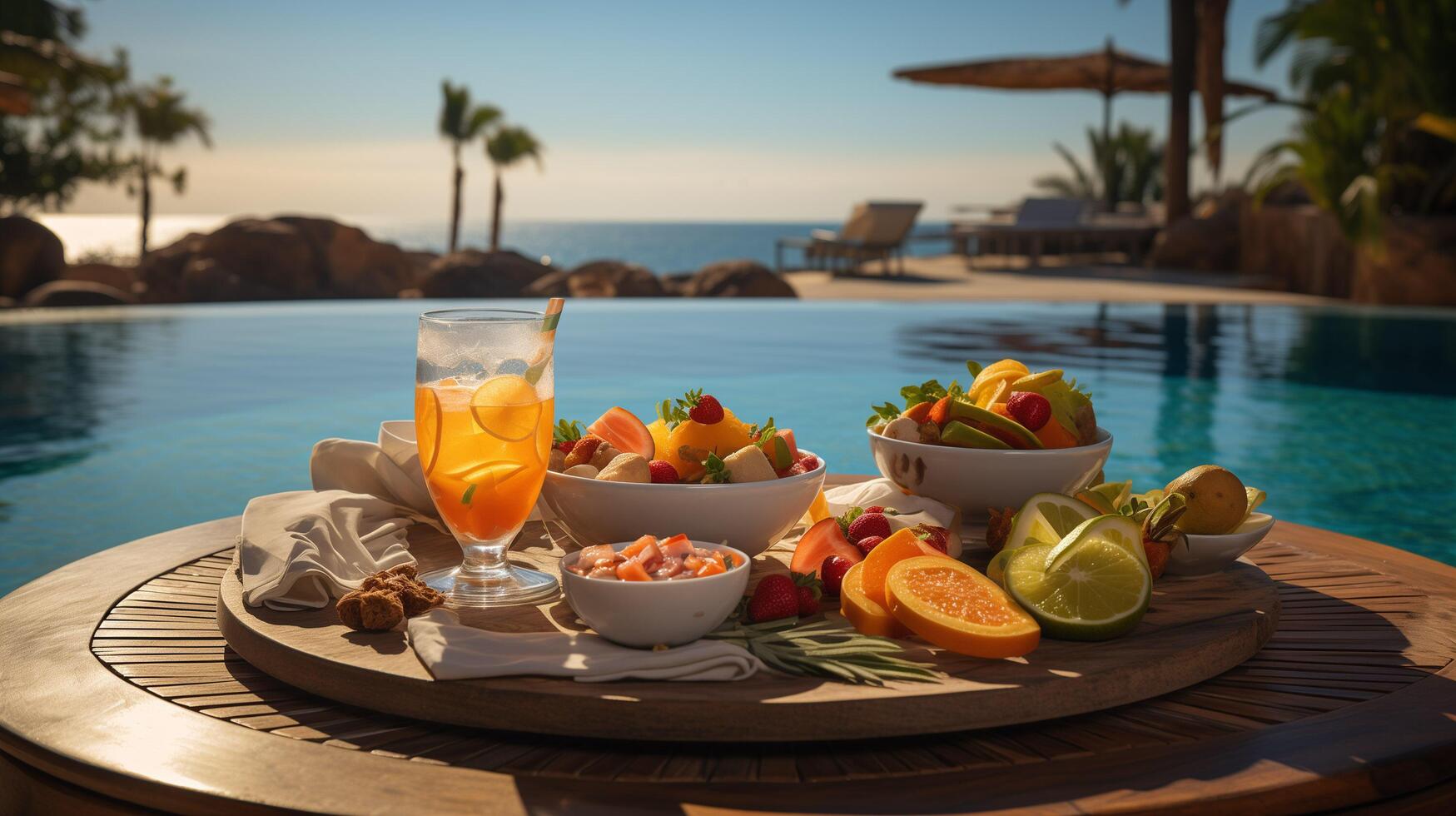 AI generated Breakfast in swimming pool, floating breakfast in luxurious tropical resort. Table relaxing on calm pool water, healthy breakfast and fruit plate by resort pool. photo