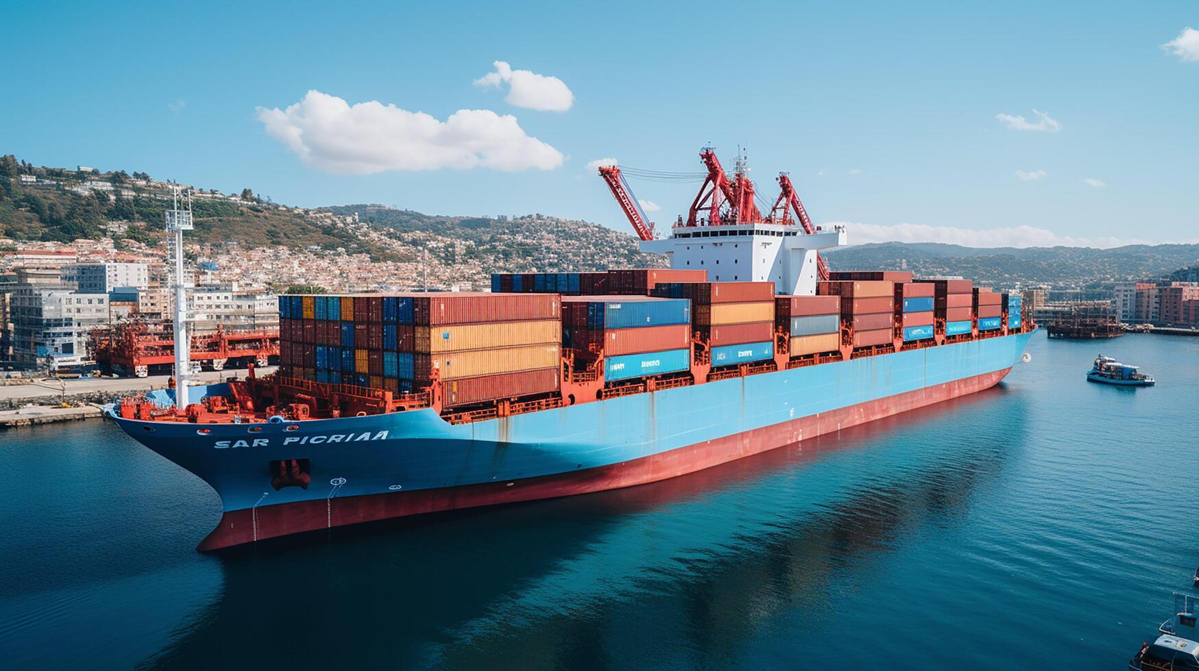 AI generated Container cargo freight ship during discharging at industrial port, logistic import export background and transport industry concept photo