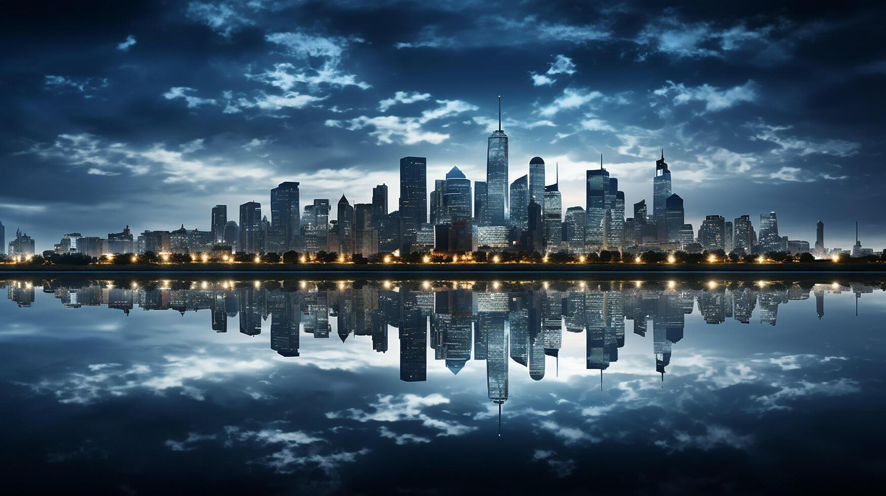 ai generado paisaje urbano de moderno edificio cerca el río. moderno arquitectura oficina edificio. rascacielos con noche cielo. foto