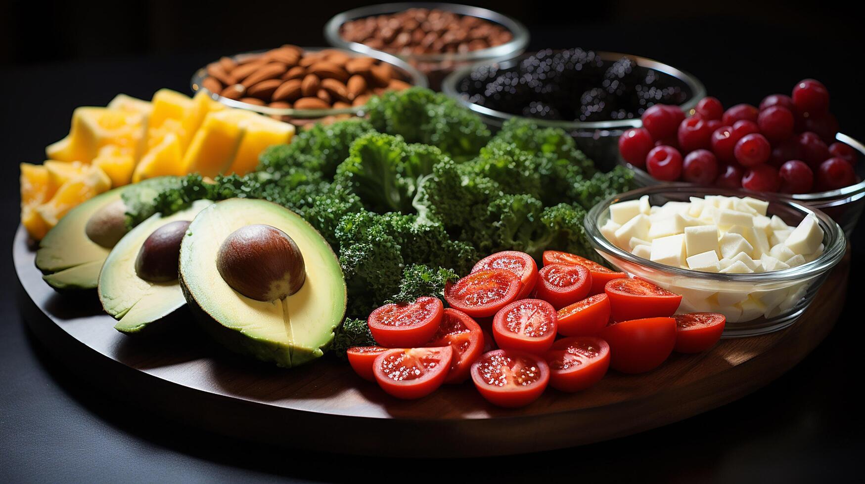 ai generado principios y reglas de un sano estilo de vida con apropiado nutrición equilibrado dieta vegetariano vegetales frutas ceto cetosis foto