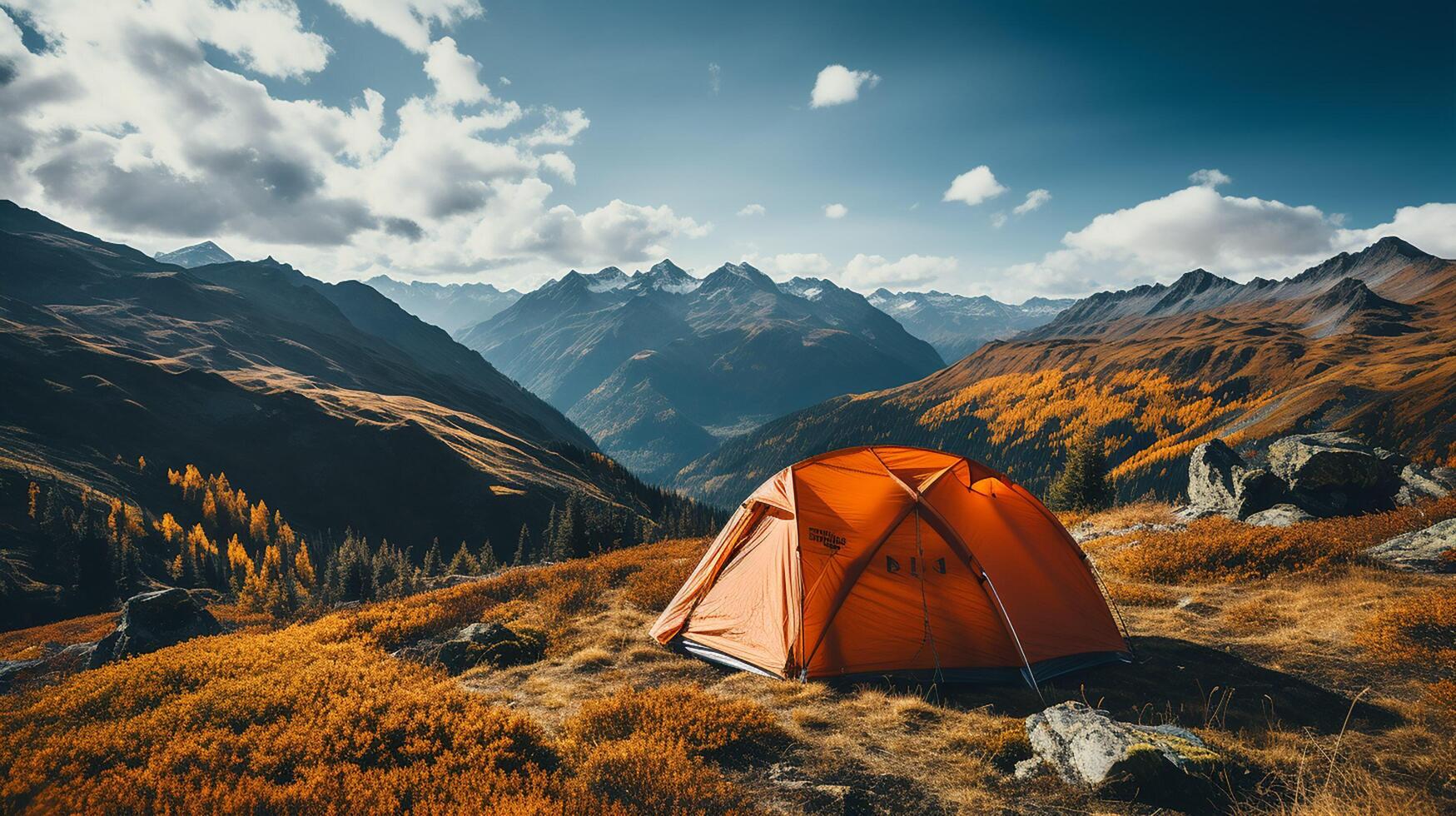 AI generated Awesome camping in top of mountain. Lonely Green tent is hidden in a mountain forest among red dwarf birch bushes. Tourism concept adventure voyage outdoor photo