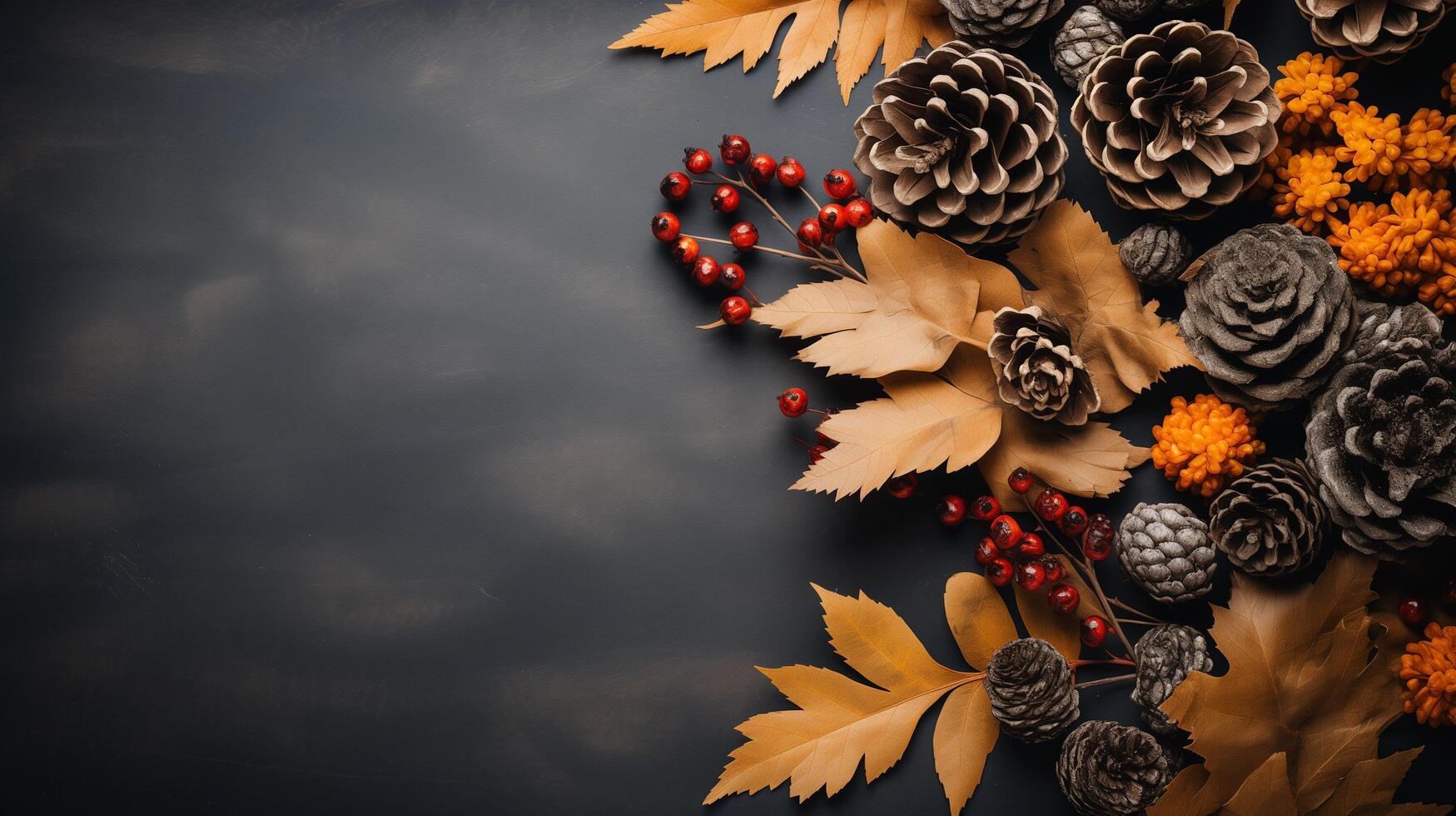 AI generated Autumn leaves with pine cones and berries and a sheet of parchment paper on a dark gray background from above. With space for text. photo