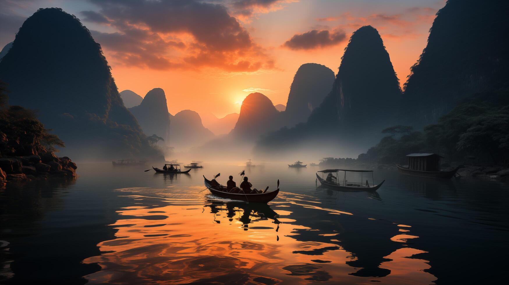 AI generated Li River, China. Limestone mountains in the misty morning. photo