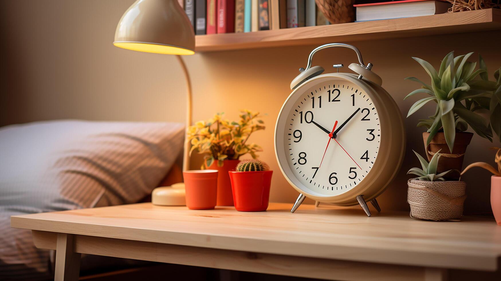 AI generated close up photo Children's desk with reading book, pencil, alarm clock with copy space