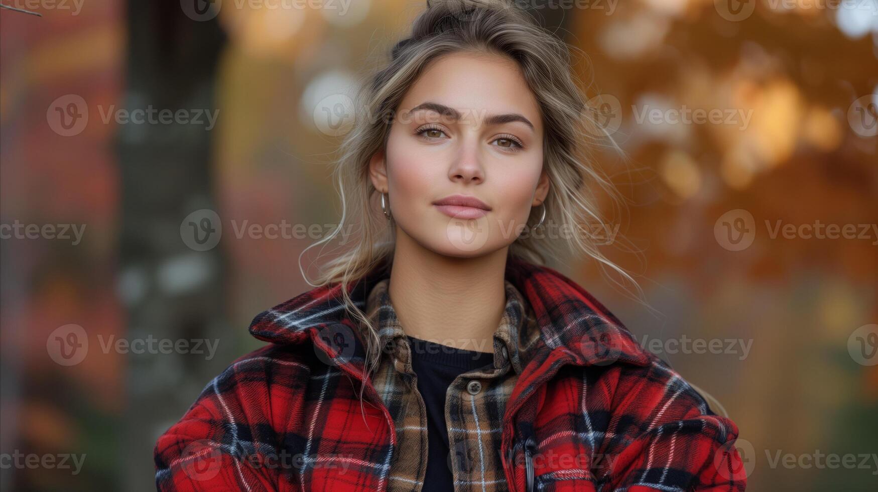 AI generated Young woman in plaid jacket with autumn colors bokeh background photo