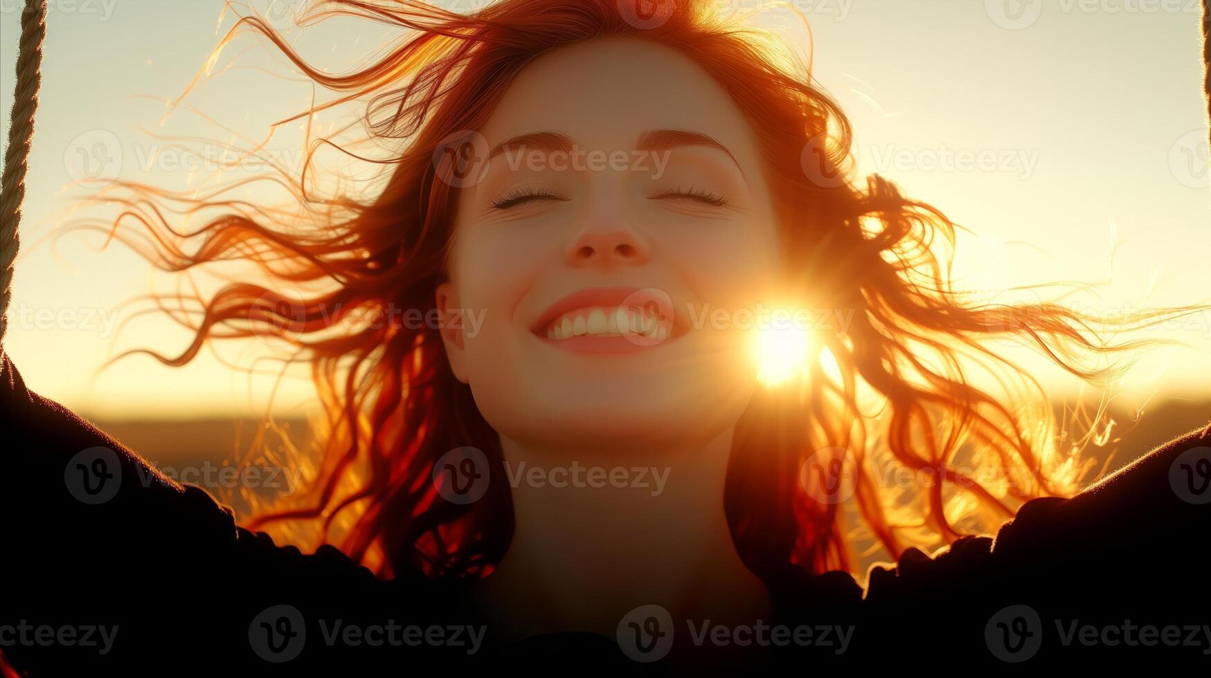 AI generated Joyful woman enjoying sunset with wind in hair and radiant smile photo