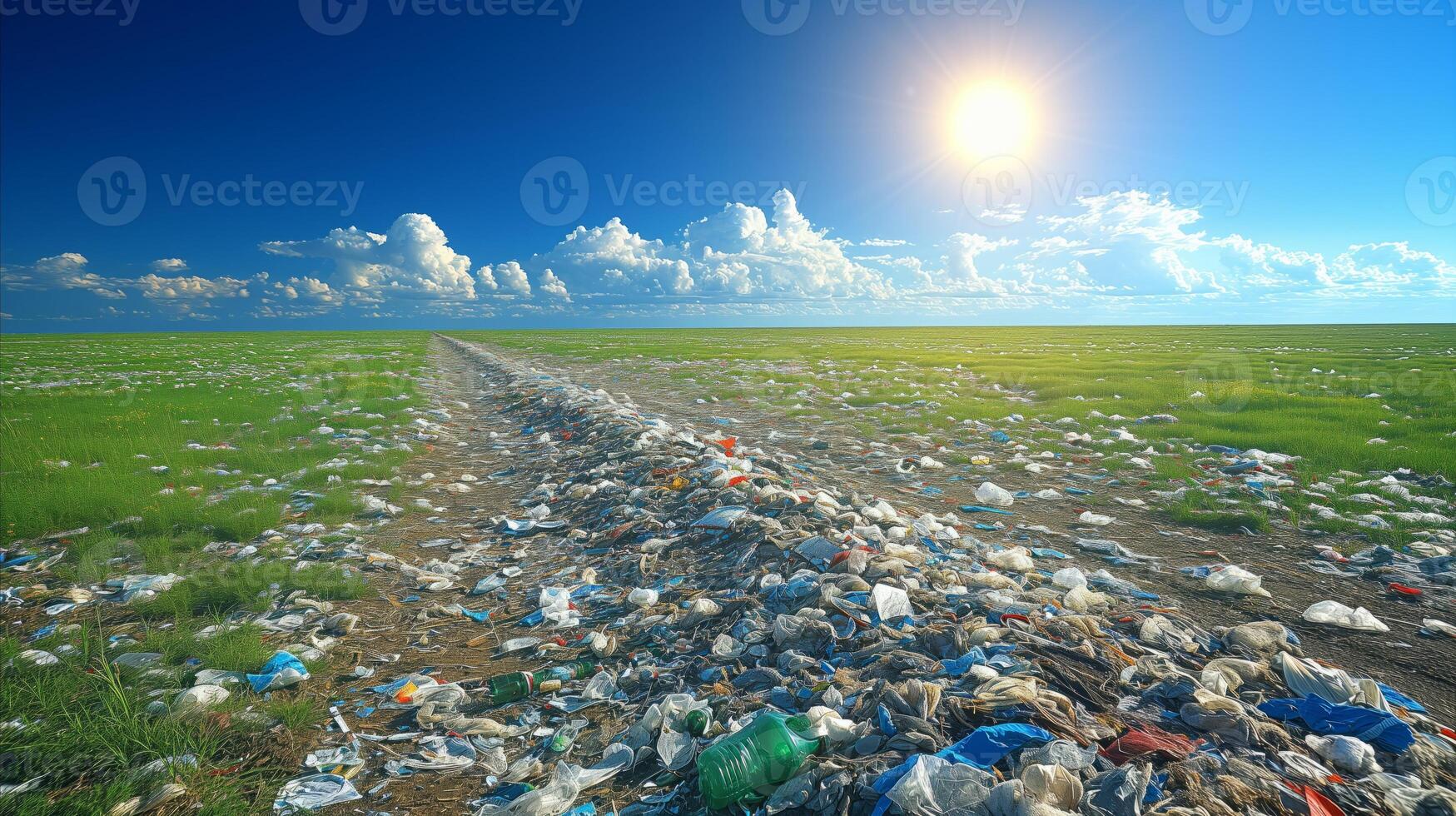 AI generated Pollution in a Green Field, Plastic Waste Under a Sunny Sky photo