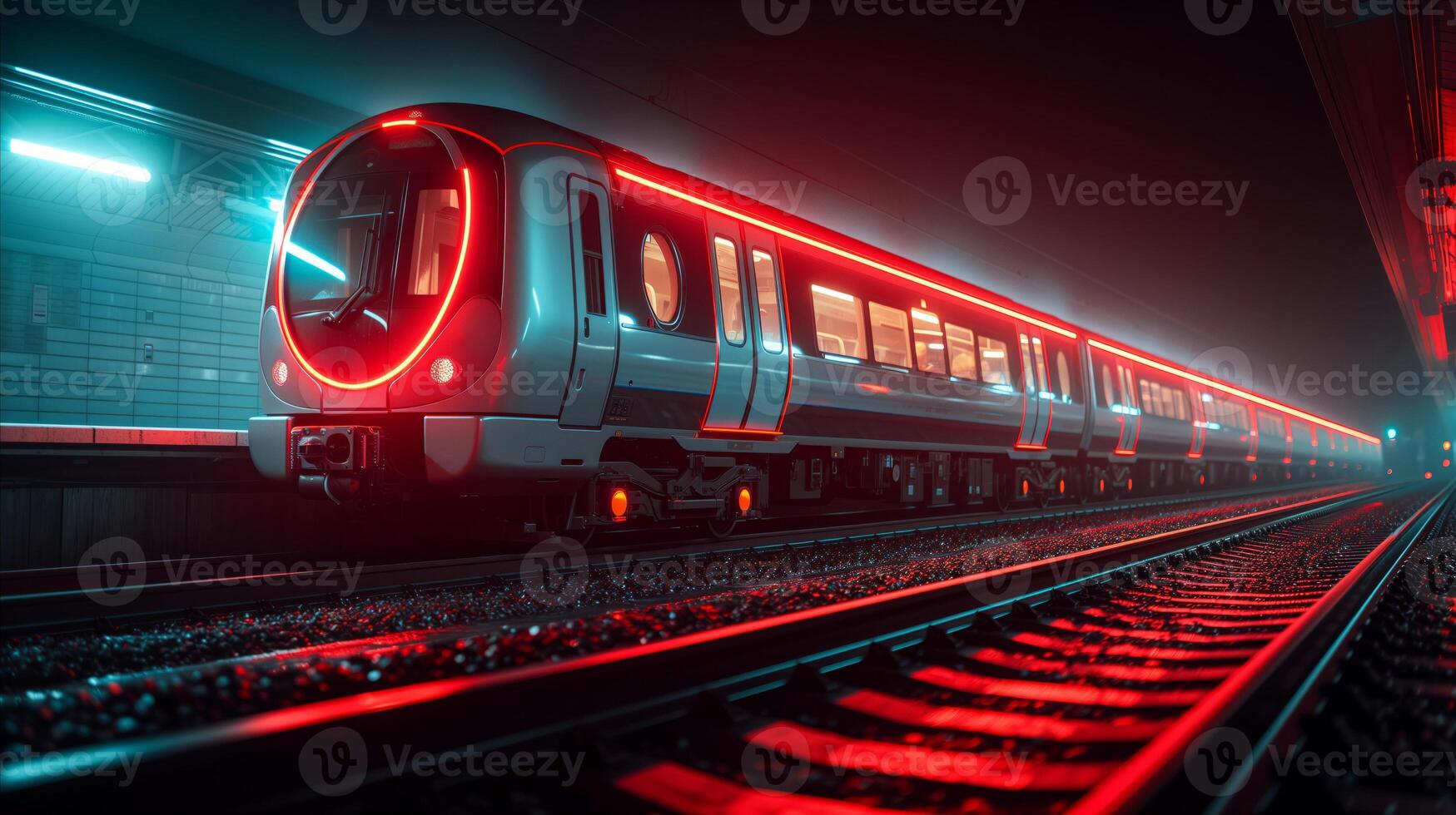 AI generated Futuristic Train at a Neon-Lit Station at Night photo