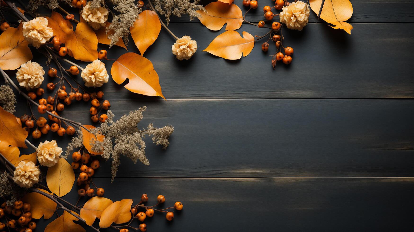 AI generated Autumn leaves and a sheet of parchment paper on a dark gray background from above. With space for text. Minimal Thanksgiving and Halloween Seasonal Design Art. photo