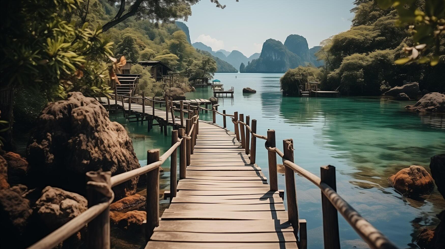 ai generado relajante en madera puente en hermosa destino isla, Phang Nga bahía, azul cielo, aventuras estilo de vida viaje tailandia, turismo naturaleza paisaje Asia, turista en verano fiesta foto