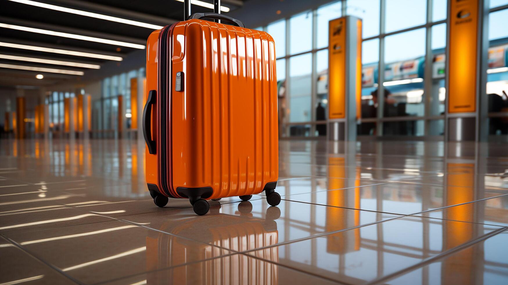 AI generated Orange suitcase in airport terminal Travel and vacation concept photo