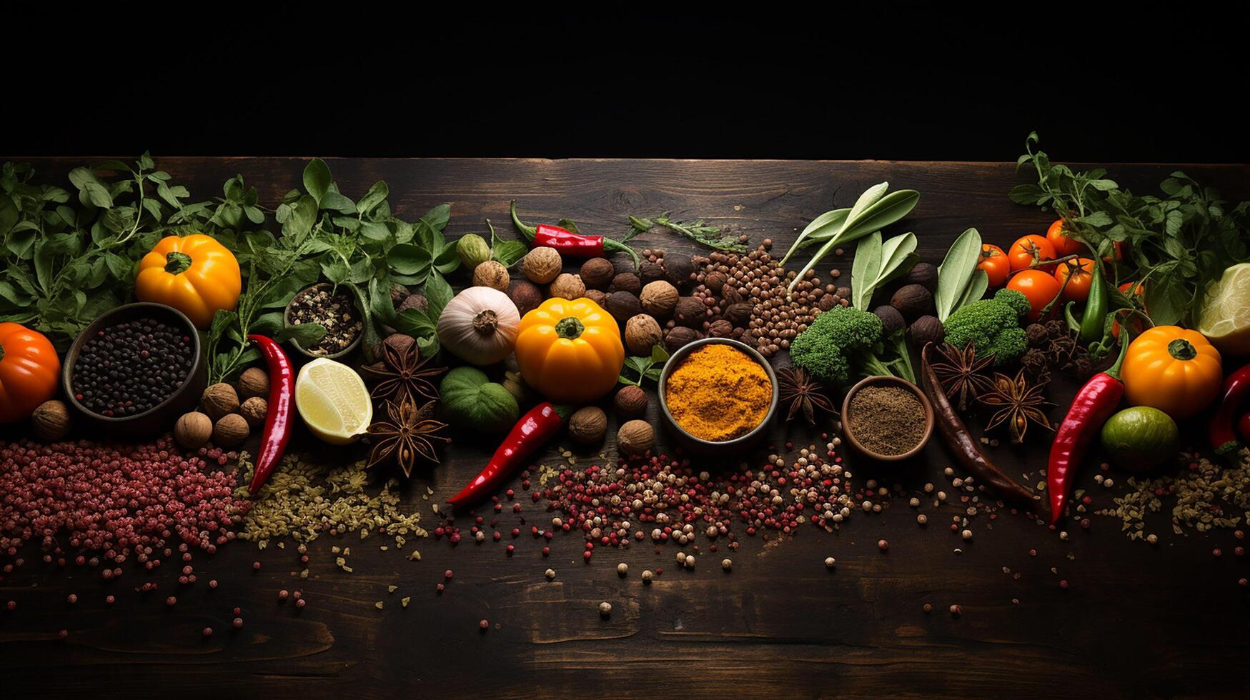 AI generated Frame made of different vegetables and spices with copy space, With big space for text photo