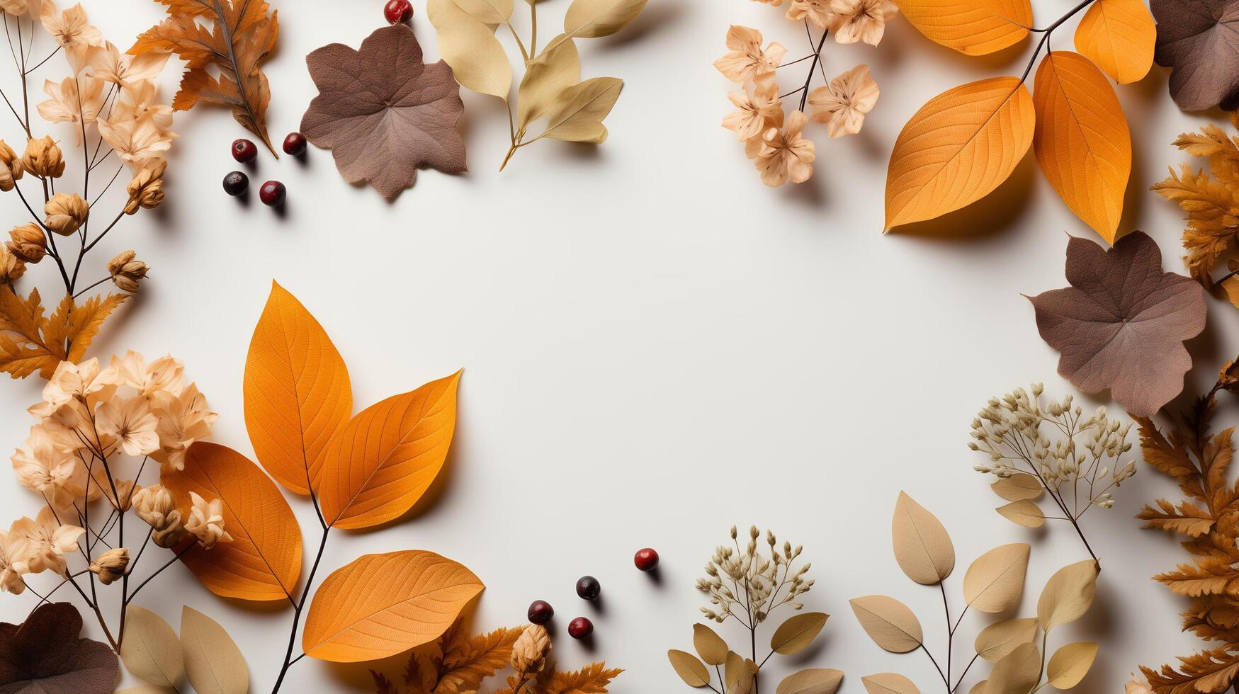 AI generated Autumn leaves and a sheet of parchment paper on a white background from above. With space for text. Minimal Thanksgiving and Halloween Seasonal Design Art. photo