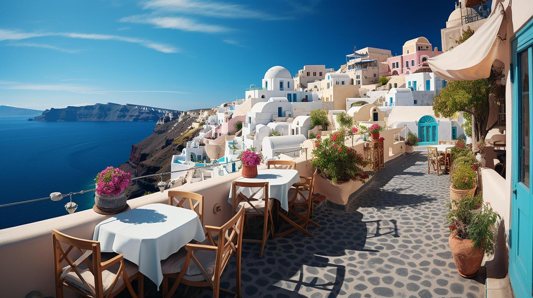 ai generado santorini isla, Grecia. paisaje con hermosa panorama y mar vista. fantástico verano vacaciones y fiesta concepto foto