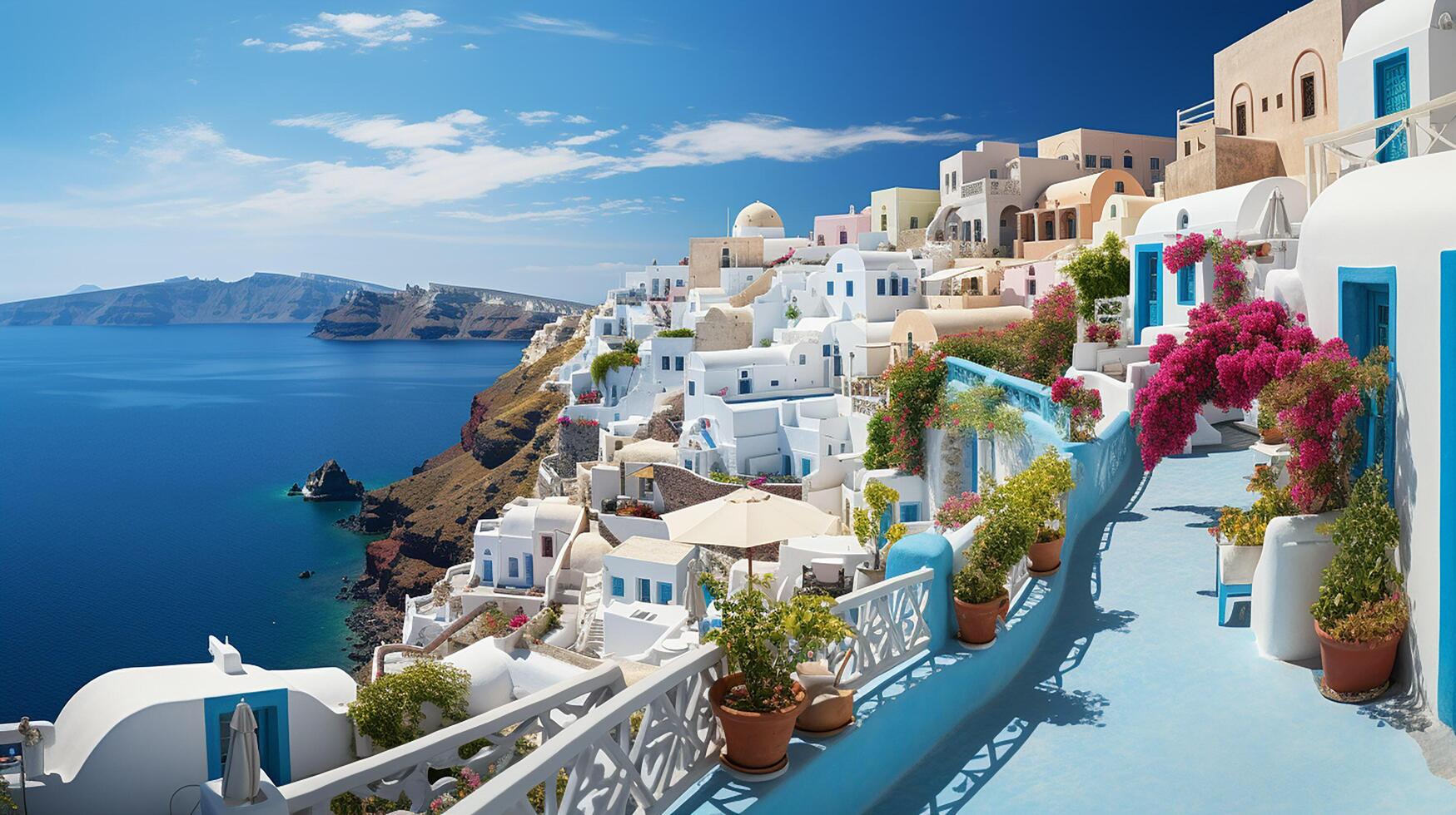 ai generado santorini isla, Grecia. paisaje con hermosa panorama y mar vista. fantástico verano vacaciones y fiesta concepto foto