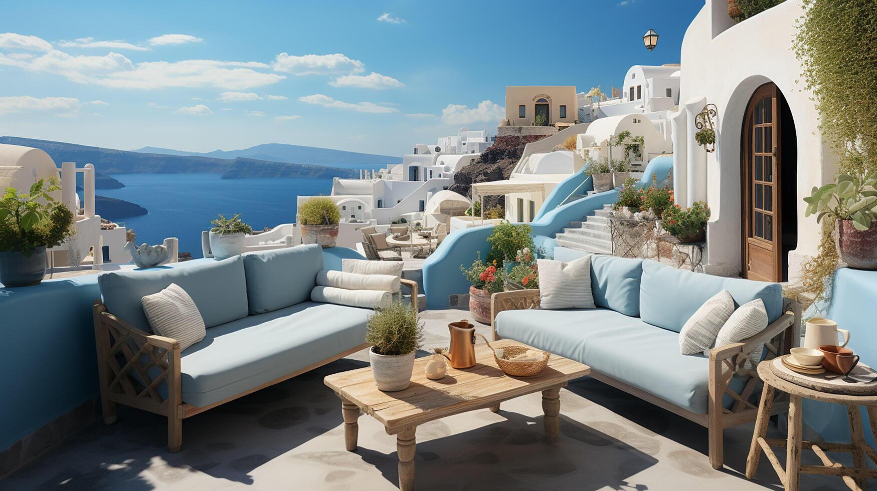 ai generado santorini isla, Grecia. paisaje con hermosa panorama y mar vista. fantástico verano vacaciones y fiesta concepto foto