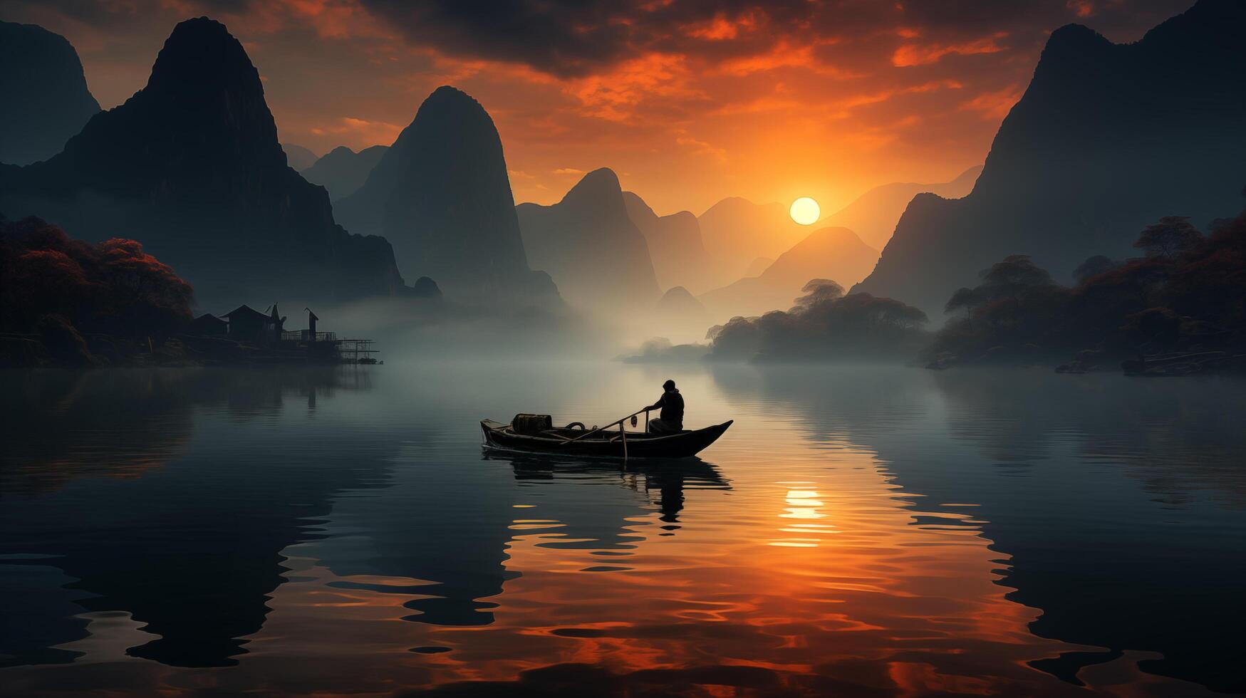 AI generated Li River, China. Limestone mountains in the misty morning. photo