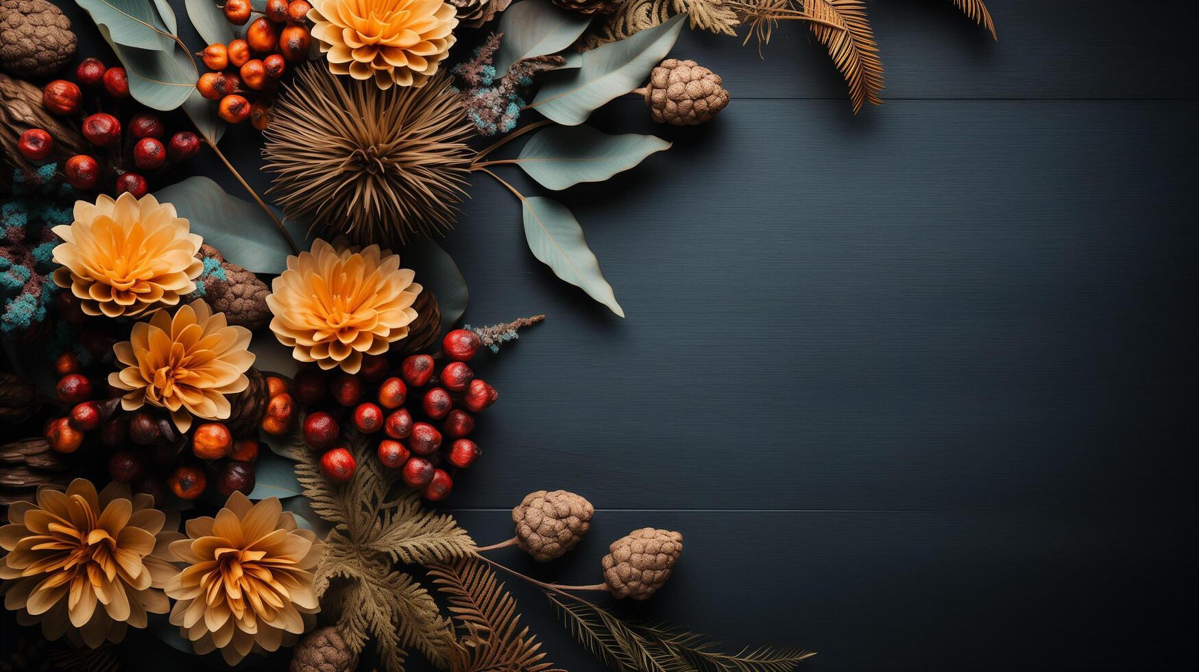 AI generated Autumn leaves with pine cones and berries and a sheet of parchment paper on a dark gray background from above. With space for text. photo