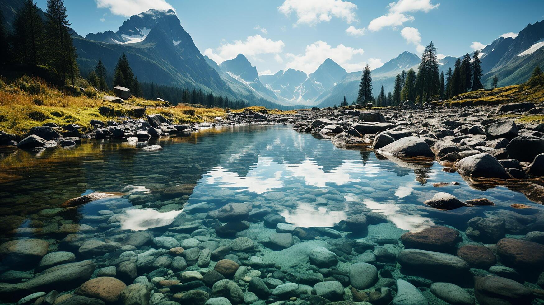 ai generado increíble naturaleza paisaje. hermosa escena con alto tatra montaña picos, piedras en montaña lago, calma lago agua, reflexión, vistoso puesta de sol cielo. foto