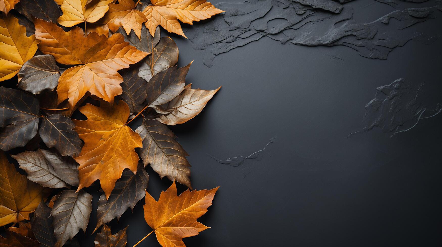 AI generated Autumn leaves and a sheet of parchment paper on a dark gray background from above. With space for text. Minimal Thanksgiving and Halloween Seasonal Design Art. photo