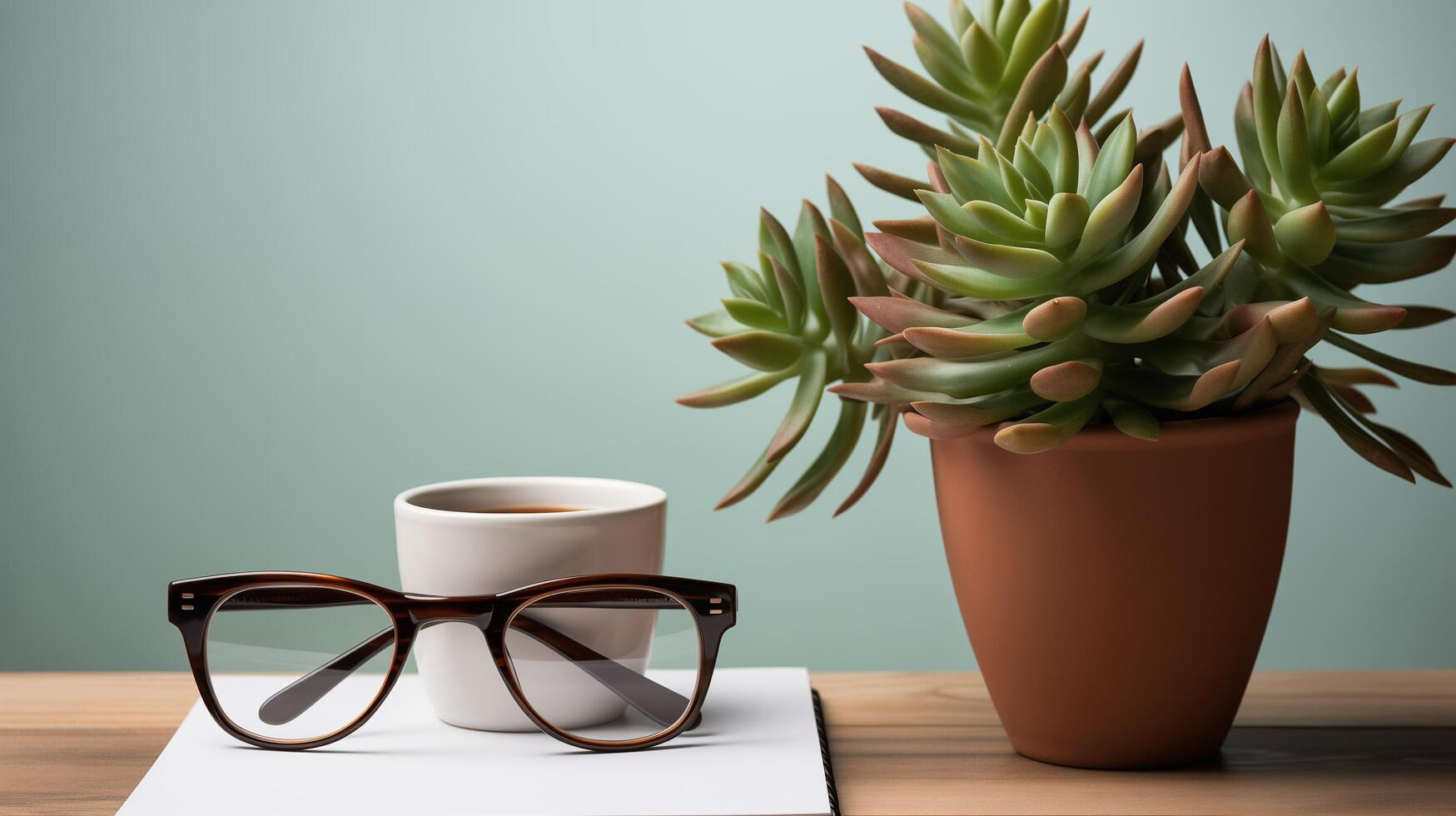 AI generated Business concept. Top view of empty notebook, laptop, cup of coffee, succulent plant ans eyeglasses over light desk. photo