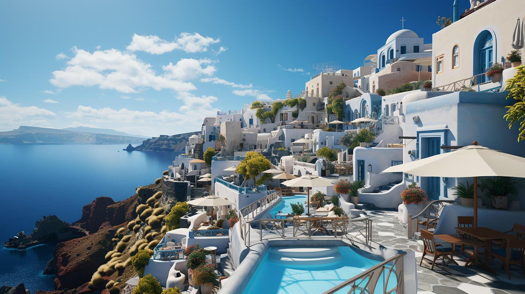 ai generado santorini isla, Grecia. paisaje con hermosa panorama y mar vista. fantástico verano vacaciones y fiesta concepto foto