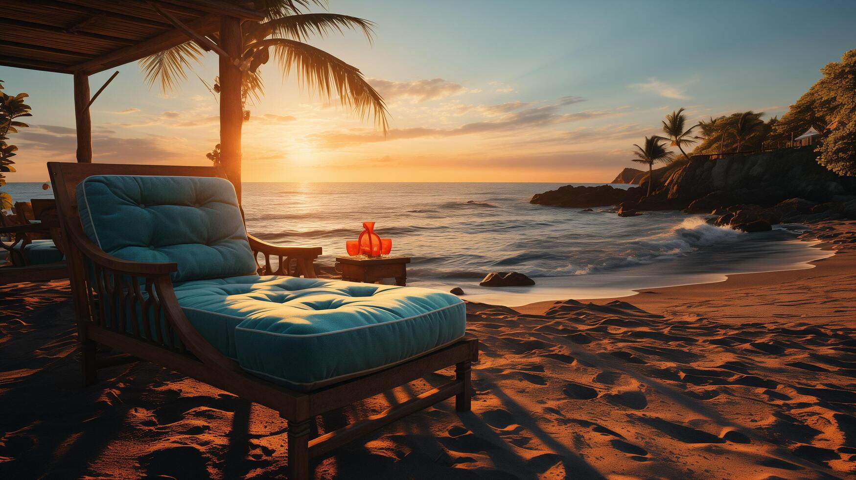 ai generado hermosa panorámico naturaleza. tropical playa puesta de sol como verano isla paisaje con sillas paraguas palma hojas calma mar costa, costa. foto