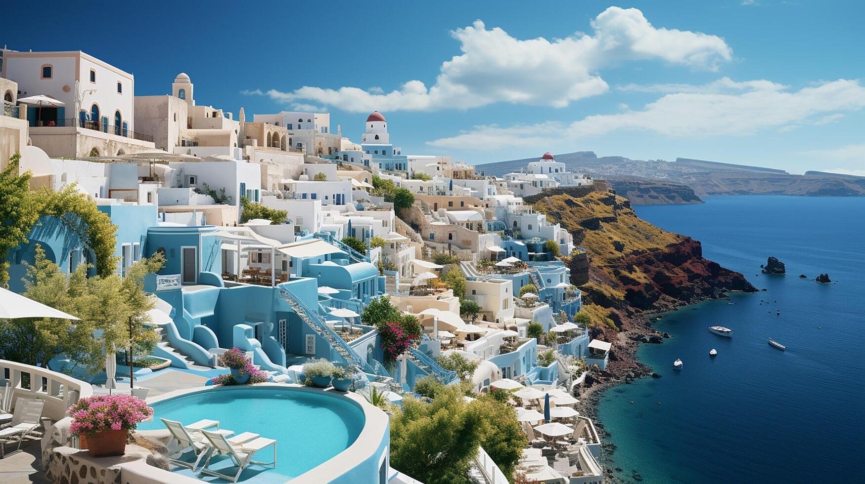 AI generated Santorini island, Greece. landscape with beautiful panorama and sea view. Fantastic summer vacation and holiday concept photo