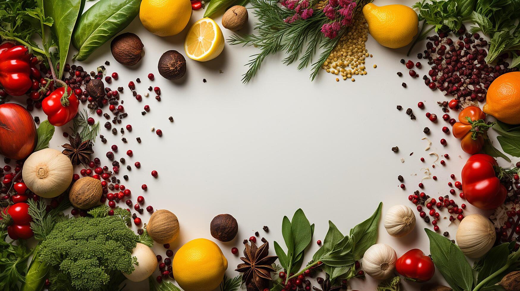 ai generado marco hecho de diferente vegetales y especias con Copiar espacio, con grande espacio para texto foto