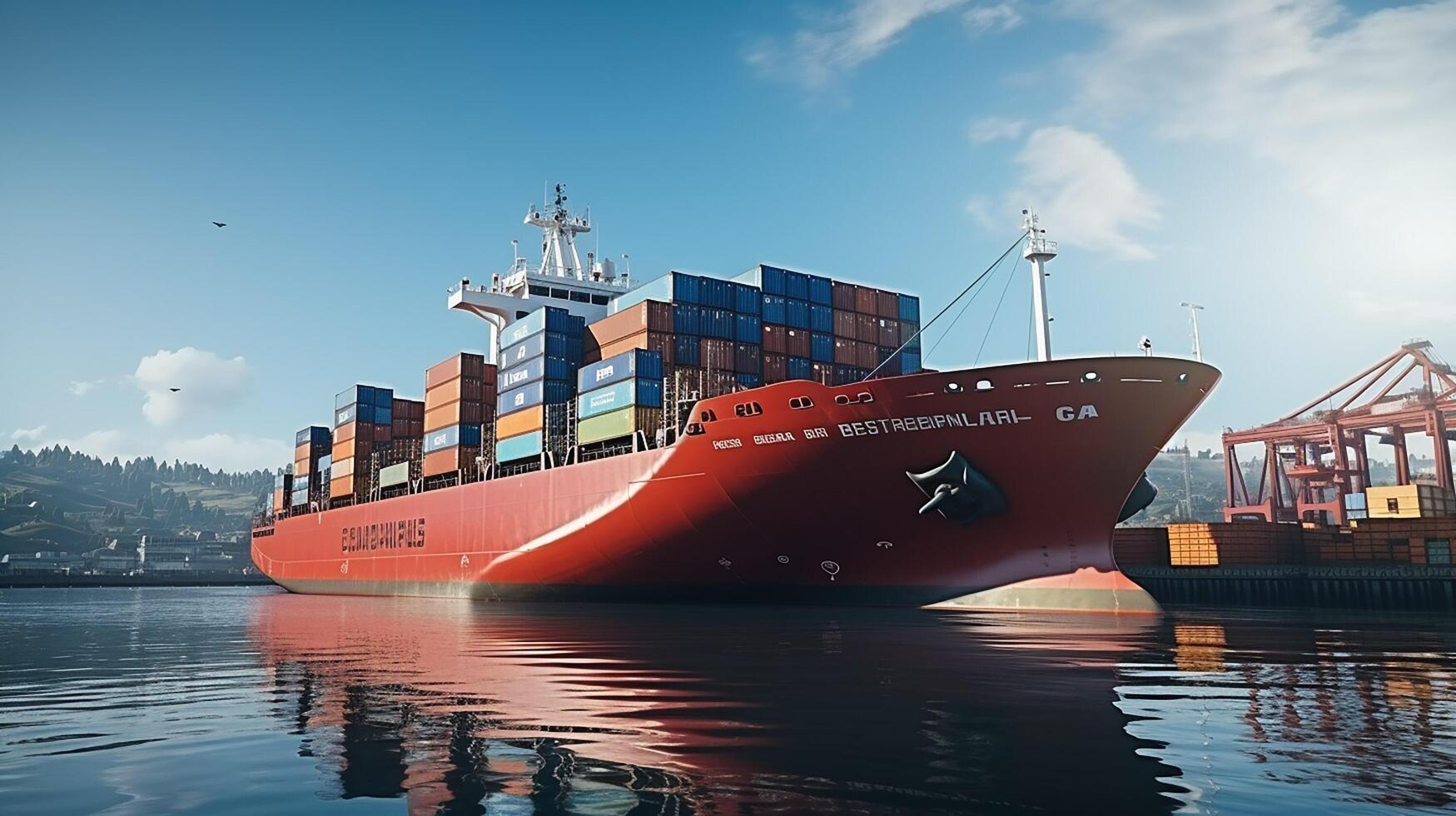 AI generated Container cargo freight ship during discharging at industrial port, logistic import export background and transport industry concept photo