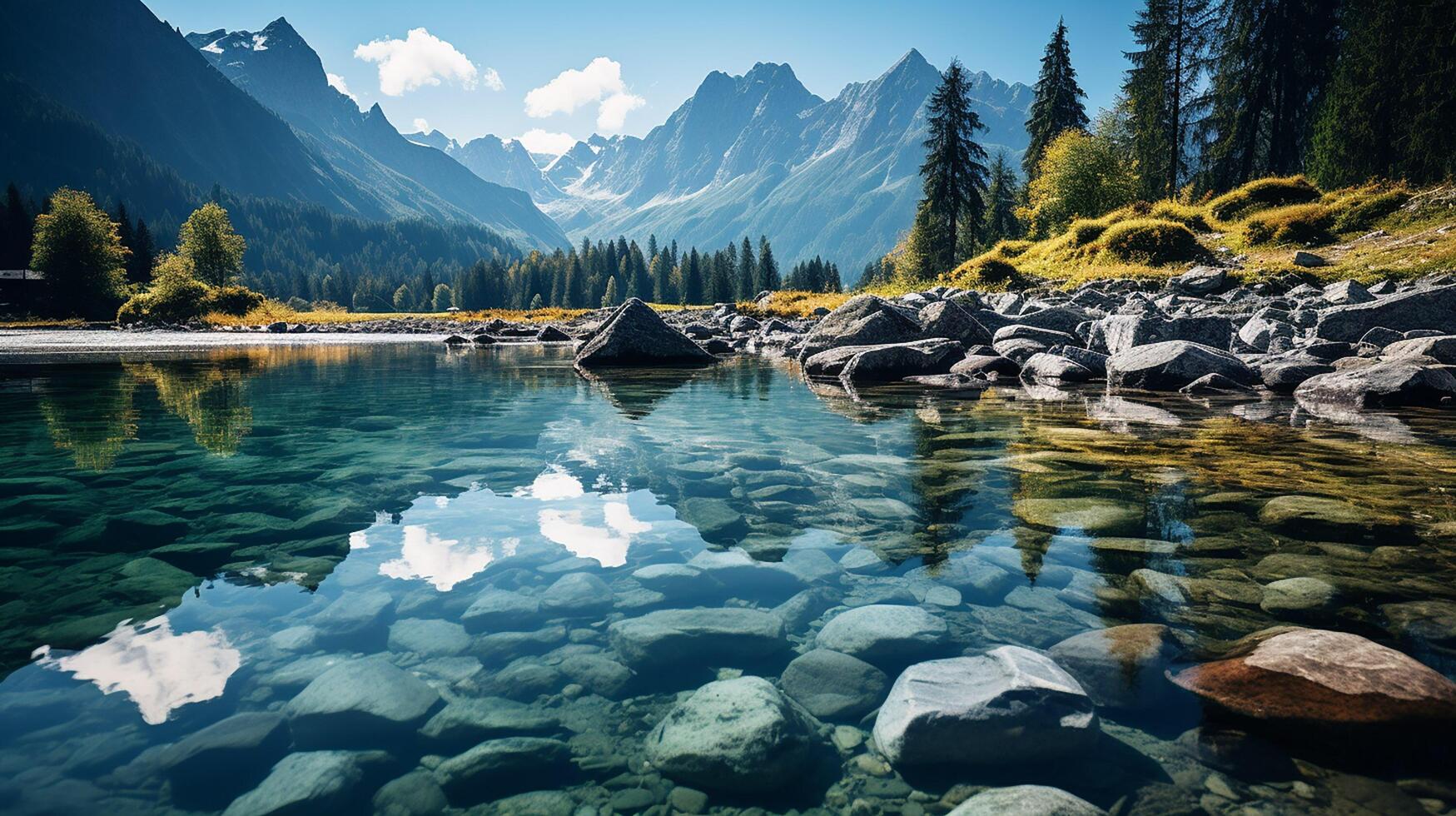 AI generated Awesome nature landscape. Beautiful scene with high Tatra mountain peaks, stones in mountain lake, calm lake water, reflection, colorful sunset sky. photo