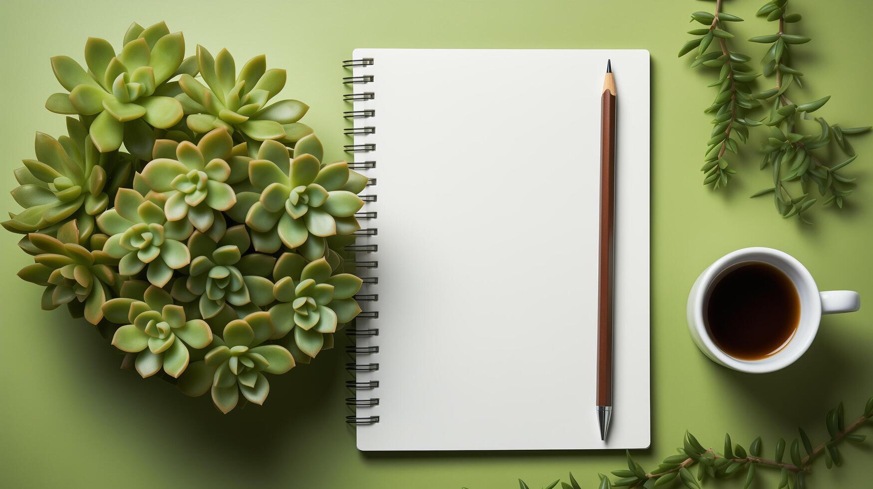 AI generated Business concept. Top view of empty notebook, laptop, cup of coffee, succulent plant ans eyeglasses over light desk. photo