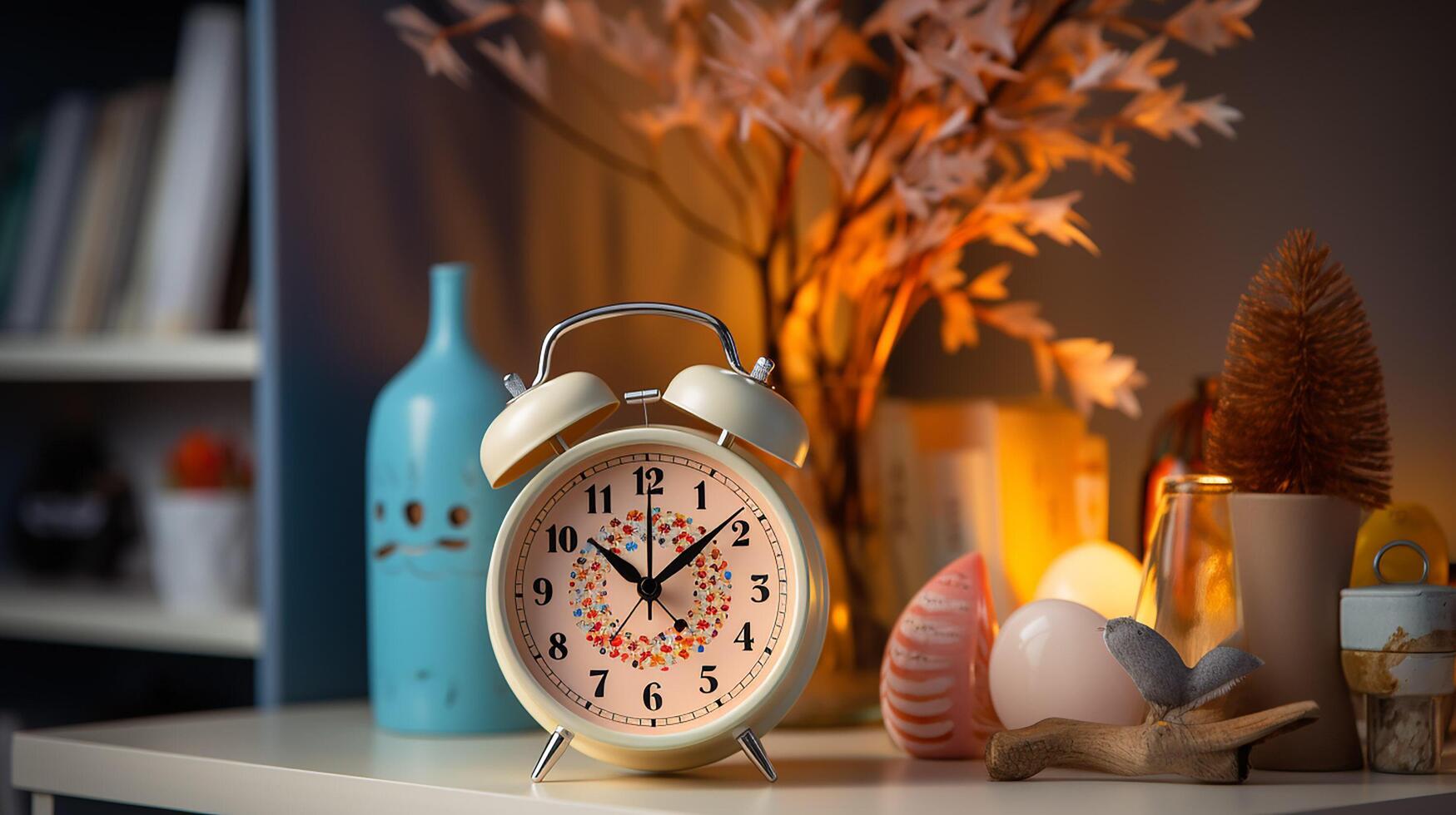 AI generated close up photo Children's desk with reading book, pencil, alarm clock with copy space