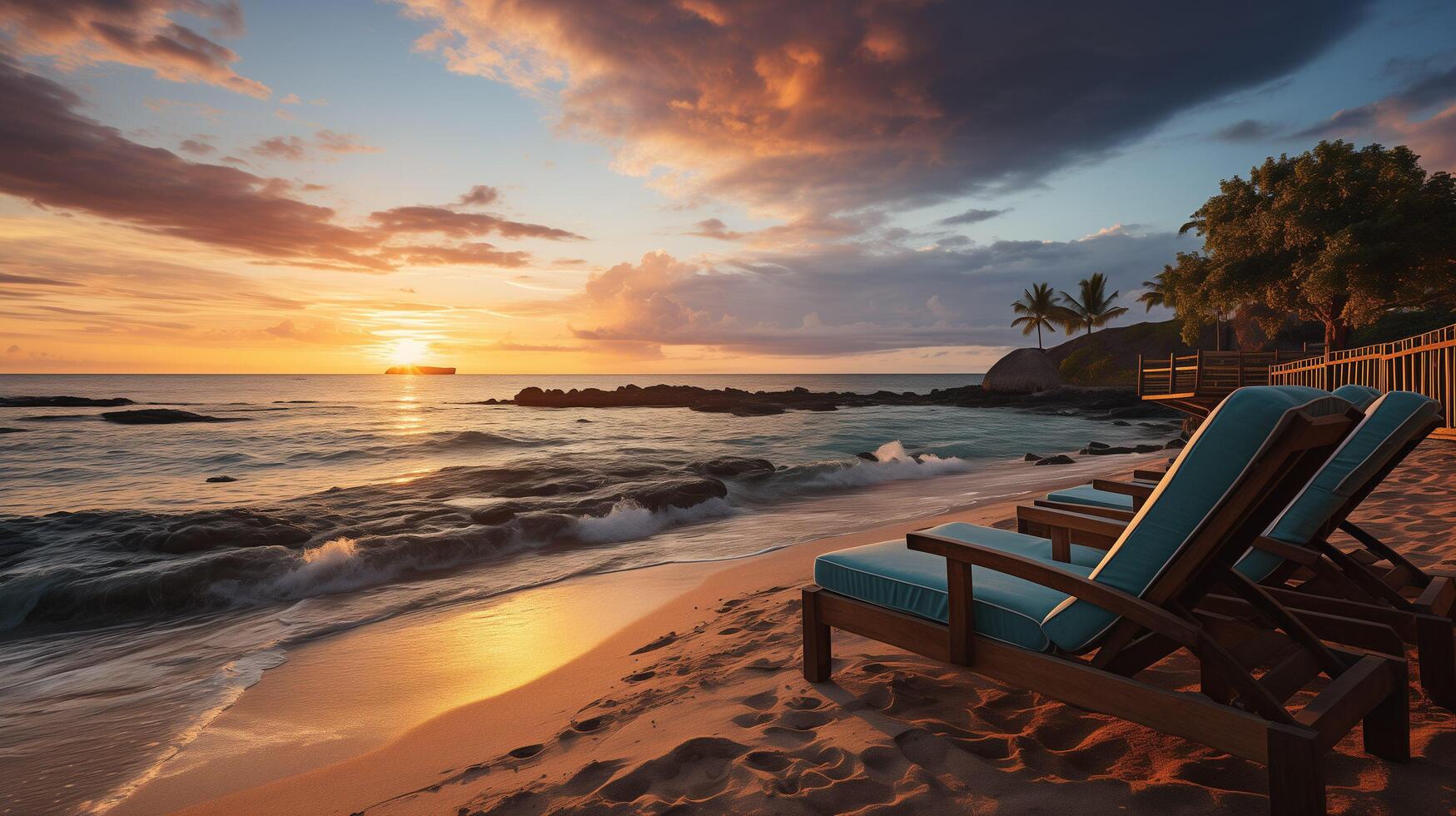 ai generado hermosa panorámico naturaleza. tropical playa puesta de sol como verano isla paisaje con sillas paraguas palma hojas calma mar costa, costa. foto