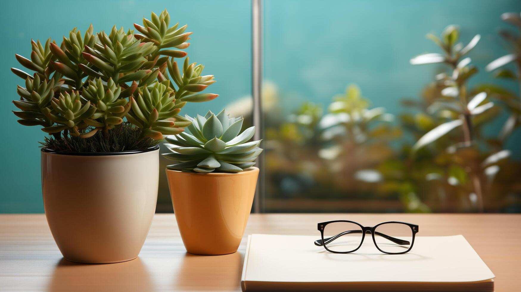 AI generated Business concept. Top view of empty notebook, laptop, cup of coffee, succulent plant ans eyeglasses over light desk. photo