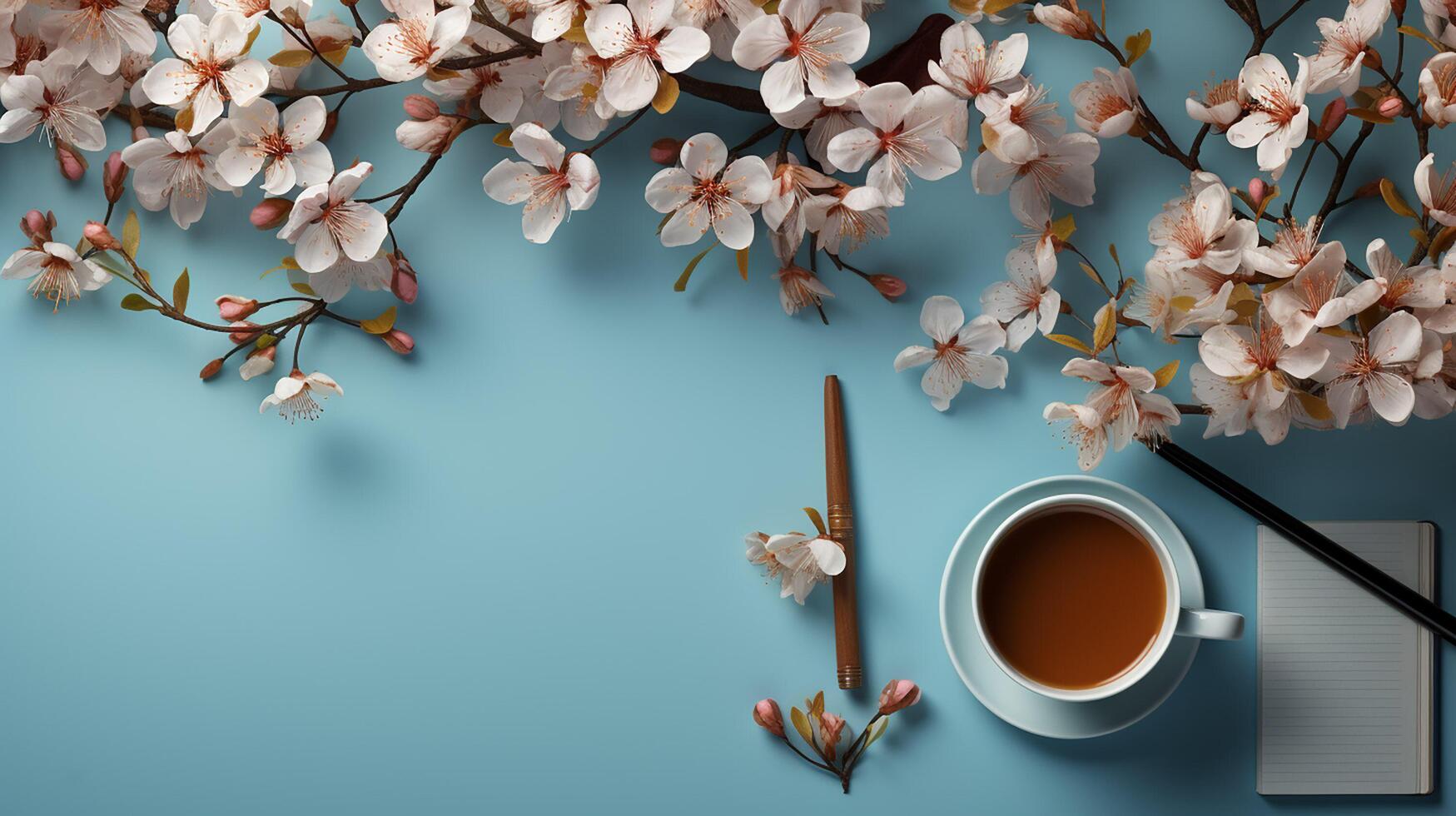 AI generated Business concept, relaxation in working time, drinking coffee taking a break on clean light blue office table, copy space, flat lay, top view. photo