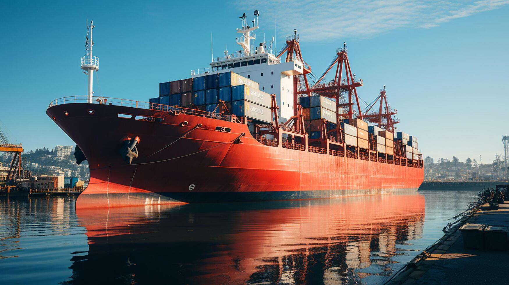 AI generated Container cargo freight ship during discharging at industrial port, logistic import export background and transport industry concept photo