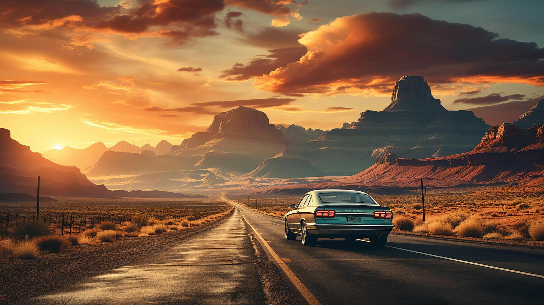 ai generado escénico curvo autopista asfalto la carretera con dorado cielo y montaña en el puesta de sol foto