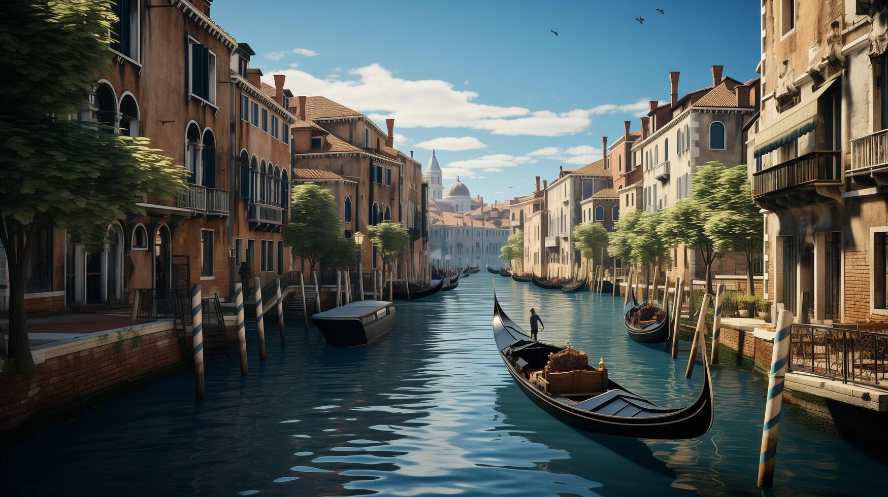 AI generated Traditional gondolas in venetian water canal in Venice. Beautiful turistic place. Travel. Gondolier carries tourists on gondola Grand Canal of Venice, Italy photo