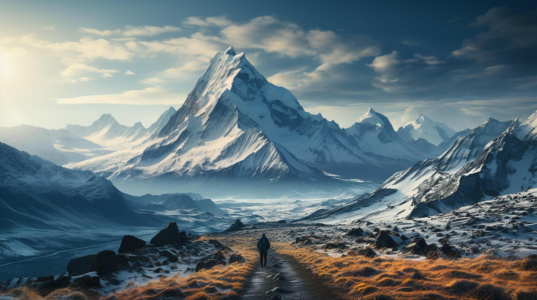 ai generado viaje a Islandia. la carretera en un brillante soleado montaña paisaje. Vatna volcán cubierto con nieve y hielo en tne antecedentes foto