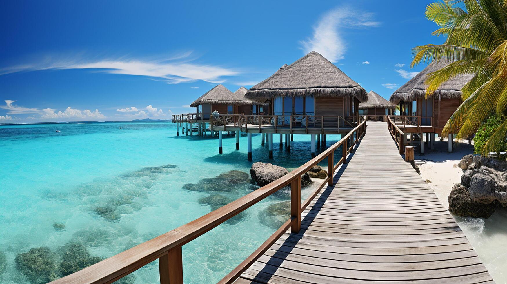 ai generado increíble soleado panorama a Maldivas. lujo recurso villas marina con aumentar arriba colores, azul mar cielo, fantástico embarcadero. Perfecto verano vacaciones fiesta antecedentes. foto