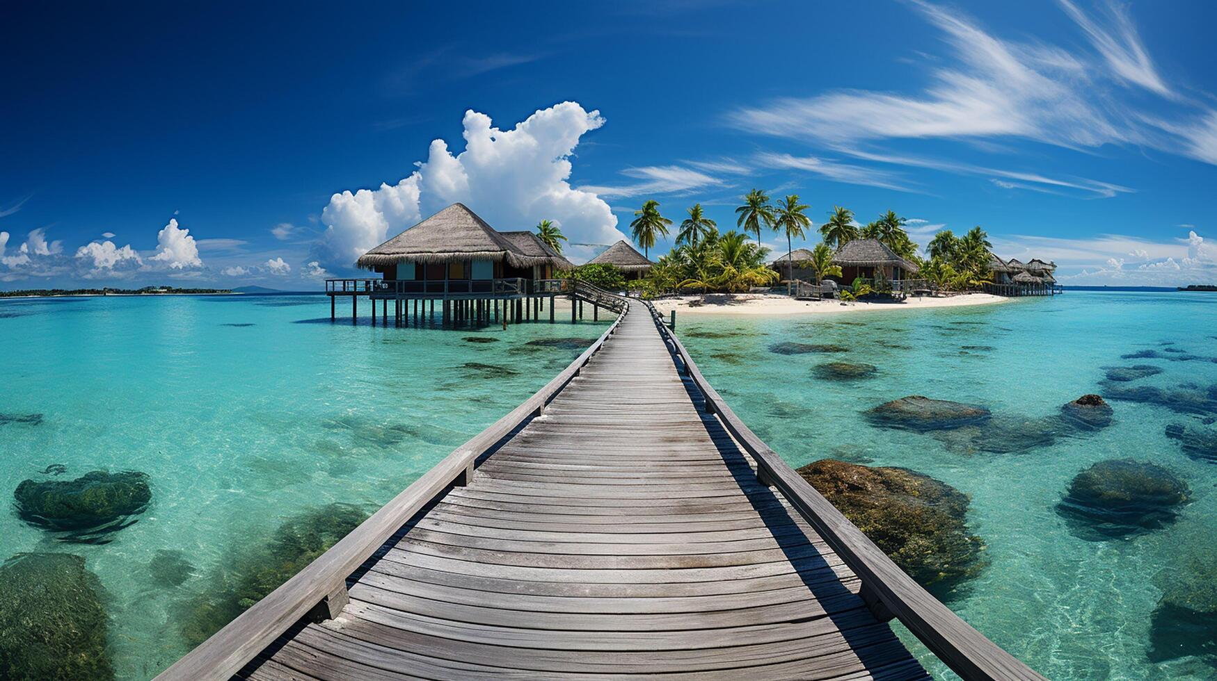 AI generated Amazing sunny panorama at Maldives. Luxury resort villas seascape with boost up colors, blue sea sky, fantastic jetty. Perfect summer vacation holiday background. photo