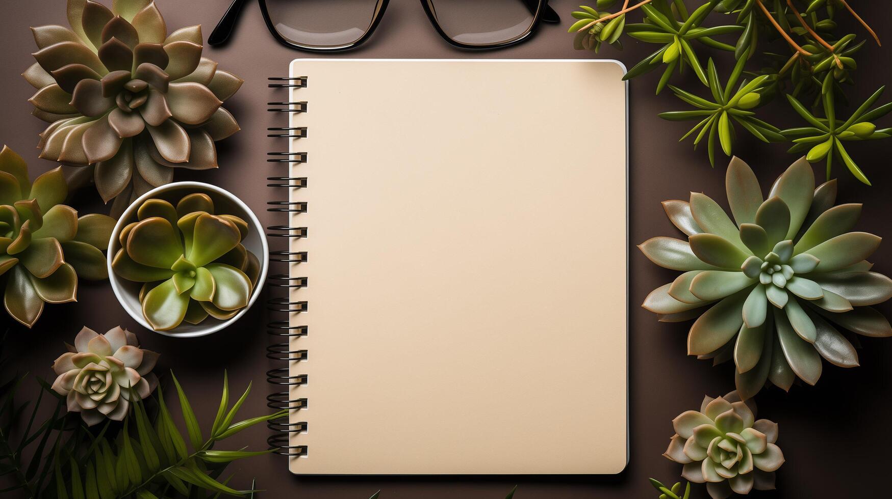 AI generated Business concept. Top view of empty notebook, laptop, cup of coffee, succulent plant ans eyeglasses over light desk. photo