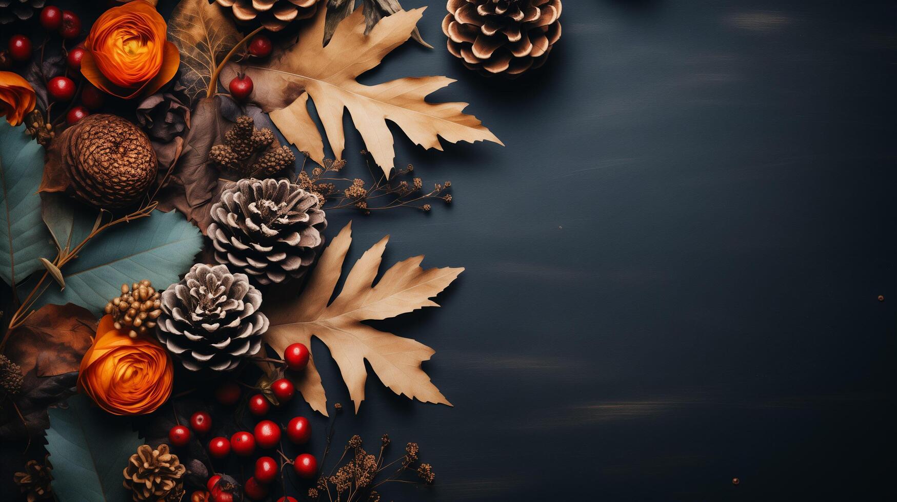 AI generated Autumn leaves with pine cones and berries and a sheet of parchment paper on a dark gray background from above. With space for text. photo