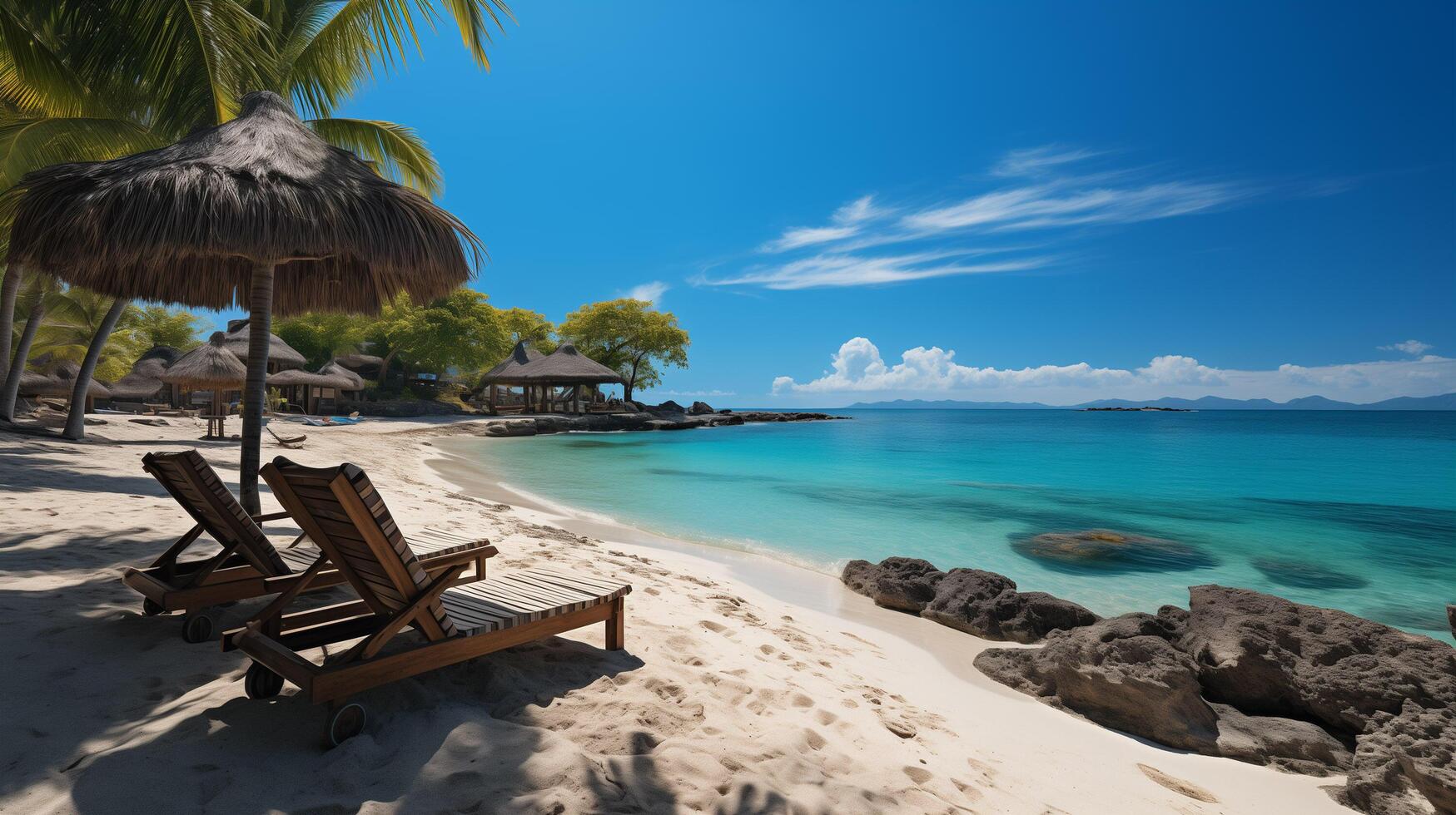 AI generated Beautiful panoramic nature. Tropical beach as summer island landscape with chairs umbrella palm leaves calm sea shore, coast. photo