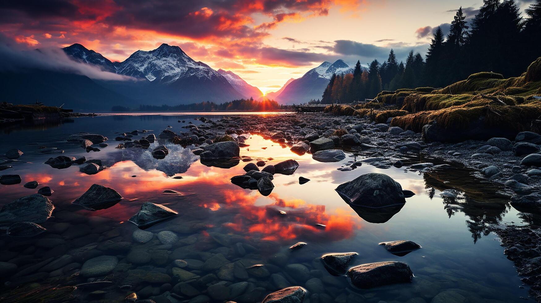 AI generated Awesome nature landscape. Beautiful scene with high Tatra mountain peaks, stones in mountain lake, calm lake water, reflection, colorful sunset sky. photo
