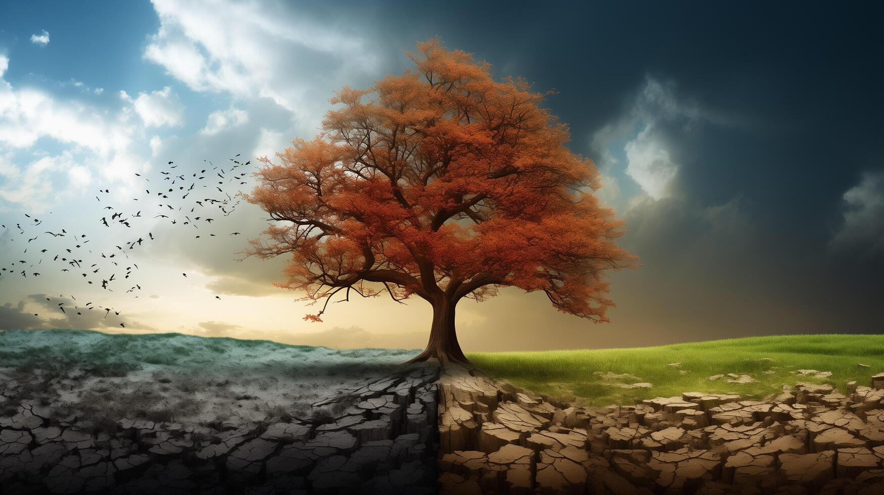 AI generated Climate change concept. trees in hot and cold climate, in the style of apocalyptic collage, environmental awareness, raw versus finished, contrasting balance photo