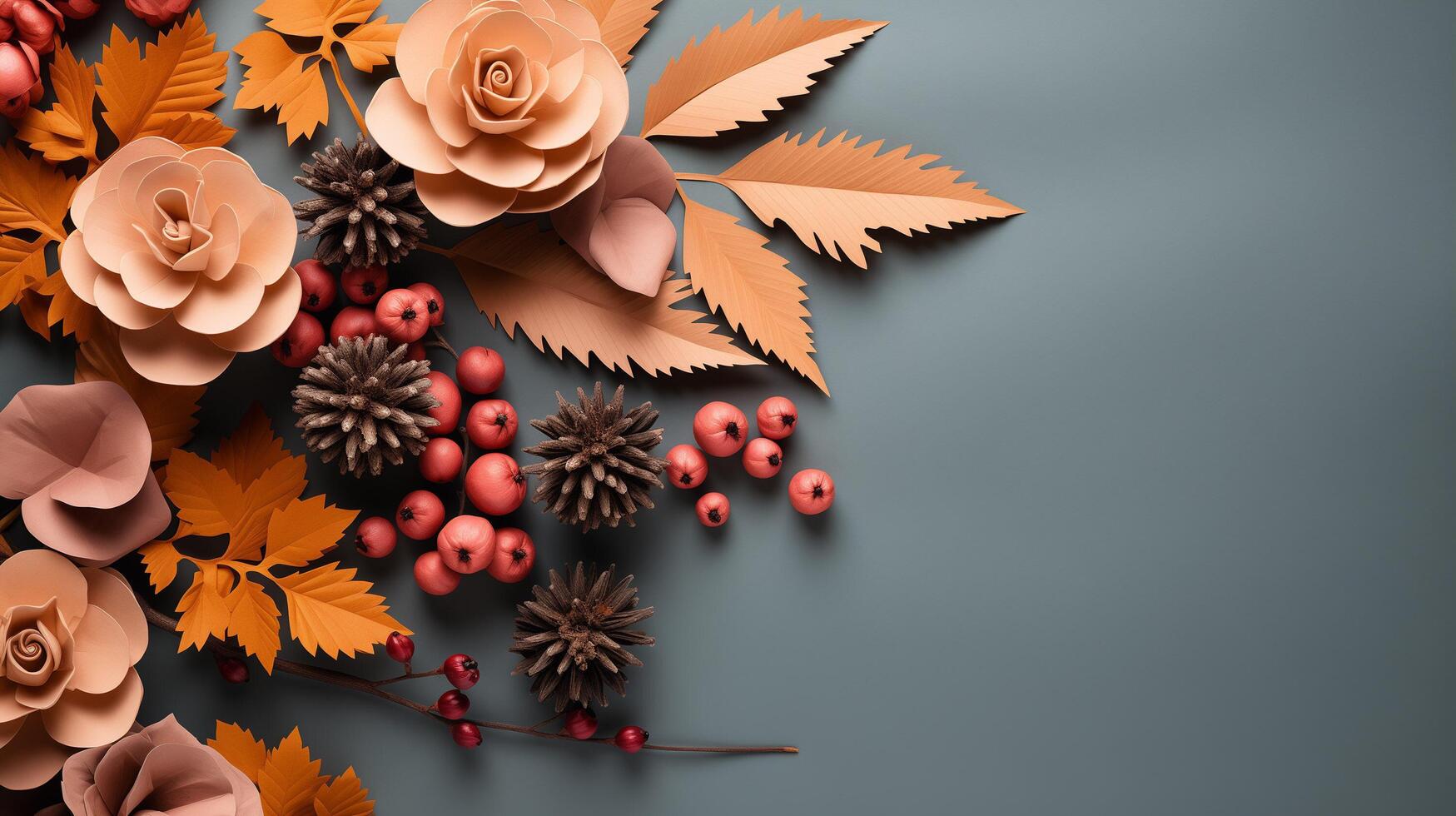 AI generated Autumn leaves with pine cones and berries and a sheet of parchment paper on a dark gray background from above. With space for text. photo