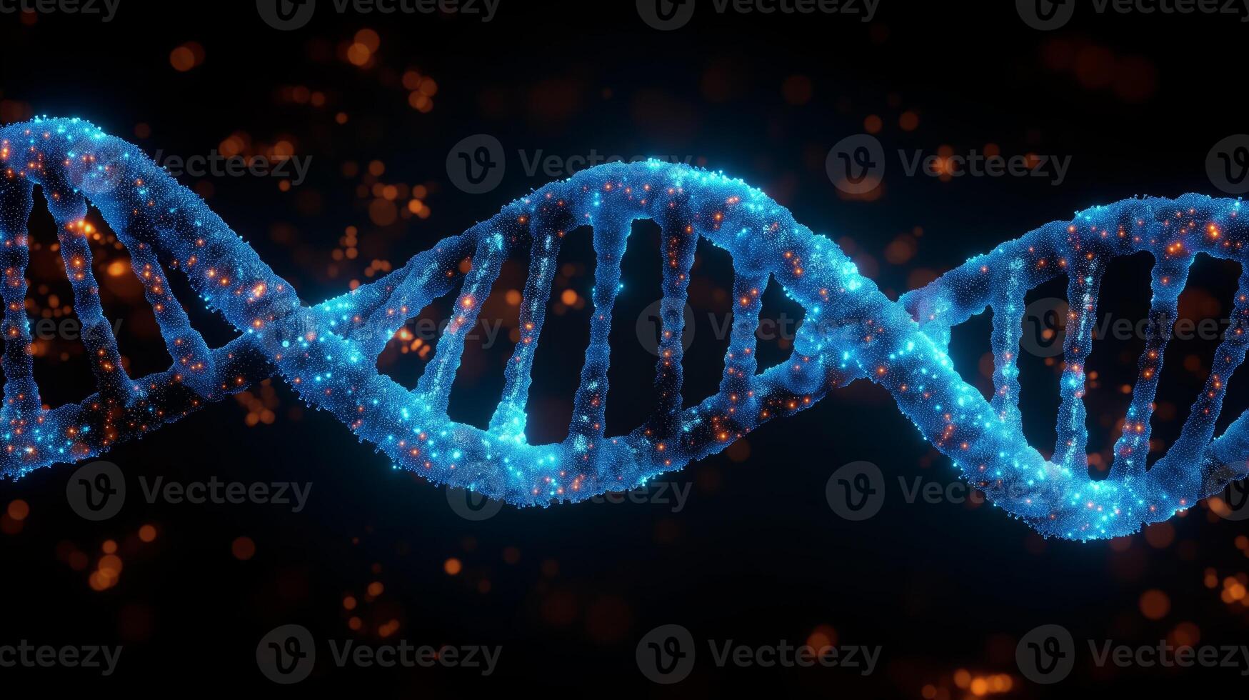 AI generated Glowing dna strand with sparkling particles on dark background photo